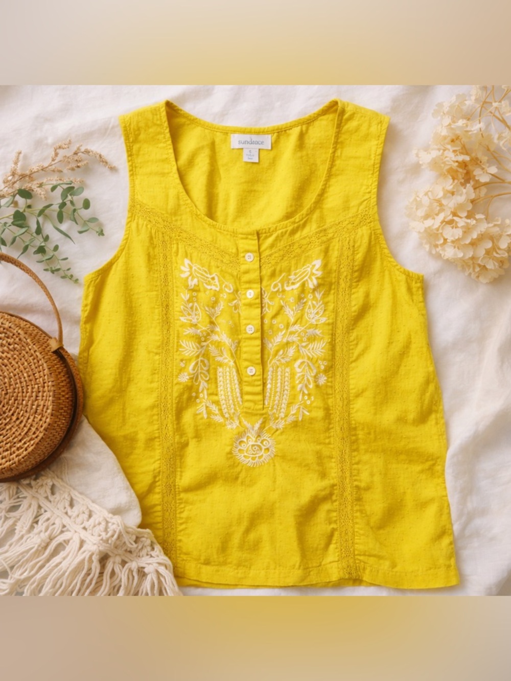 Sundance Yellow Embroidered Cotton Tank Top Boho Lace Trim‎ Small